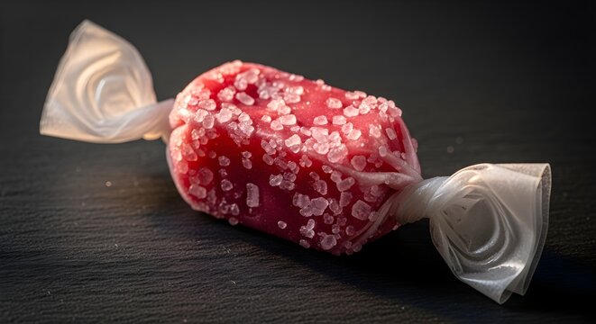 A single pink strawberry candy in a clear wrapper on a dark surface
