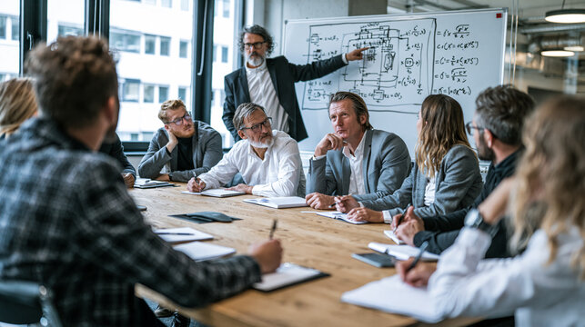 Business Team Meeting with Whiteboard Formulas and Strategy Discussion