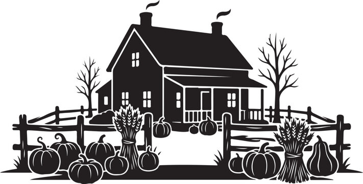 Vintage farmhouse autumn landscape vector, rustic country house with pumpkins and wheat stalks, black and white fall harvest farm scene illustration
