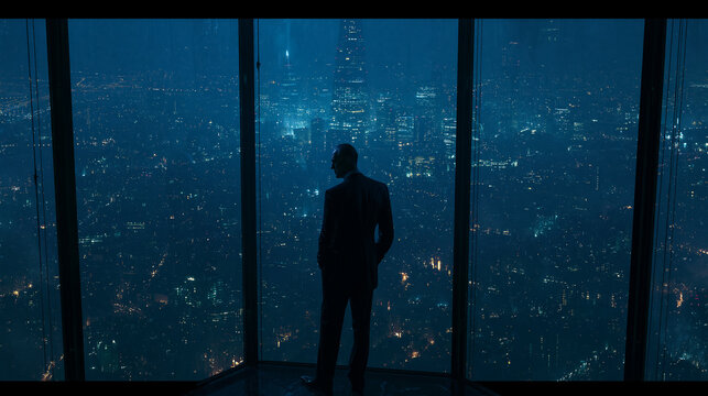 Lone Businessman Silhouette Overlooking Illuminated City at Night