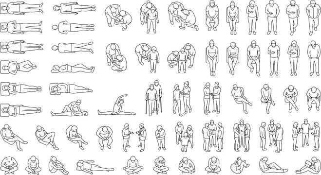 People Top View and Front View Line Art Collection with Diverse Human Activities