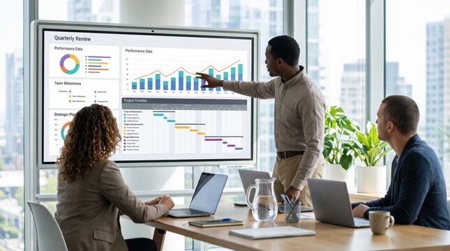 Diverse business team discussing quarterly performance data and project timeline charts on large screen in meeting room
