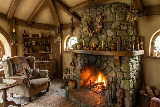 Cozy hobbit home interior with fireplace and rustic decor for Hobbit Day  