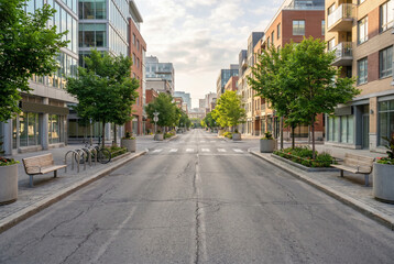 Obraz premium Empty street in urban area with trees on World Car Free Day 