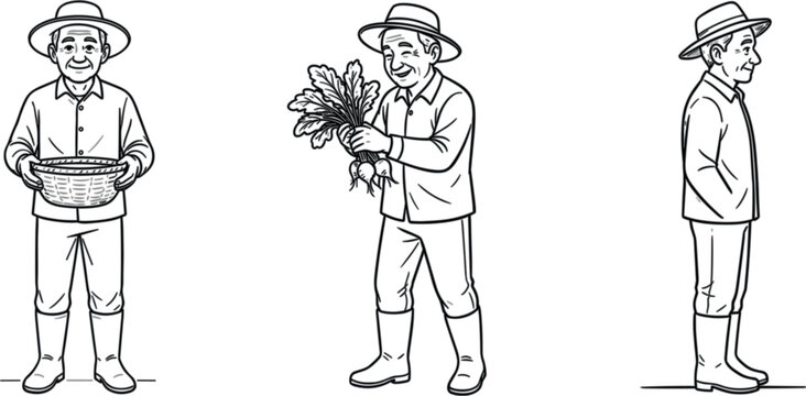 Farmer Character Outline Collection Vector Illustration with Agricultural Worker Holding Basket and Harvest Crops for Farming Design