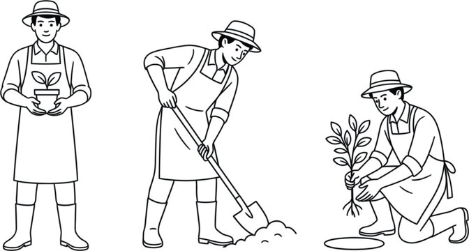 Gardener Character Outline Collection Vector Illustration with Planting Watering and Digging Activities for Gardening Agriculture Design Template