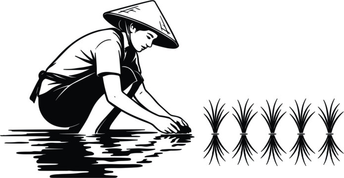 Farmer Planting Rice Seedlings in Paddy Field Vector Illustration with Traditional Agriculture Farming Scene Isolated Design Template