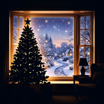 Cozy Christmas Tree Silhouette by Window with Snowy Village View