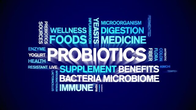 Probiotics animated word cloud-animation tag kinetic typography seamless loop.