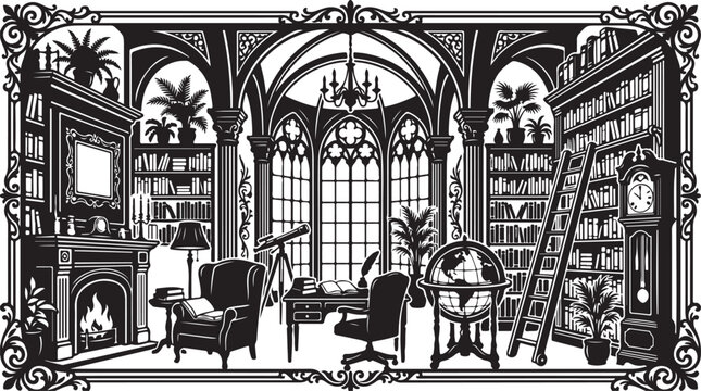 Gothic library interior, vintage study room, black and white illustration, ornate architecture