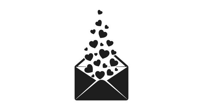 Black envelope with hearts spilling out on white background with communication valentine affection message emotion symbol love mail icon