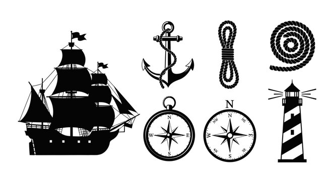 Nautical symbols and objects on white background with ropes compasses lighthouse objects including ship lighthouse all black collection nautical