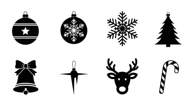 Christmas icons set with ornaments tree with collection black white tree snowflake bell with including, graphics, holiday, festive, symbols, winter