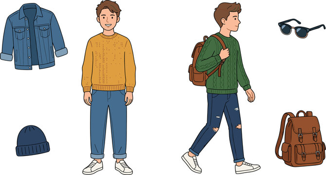 Young man fashion look vector illustration set featuring casual autumn outfits with jackets sweaters backpacks and accessories isolated on white background
