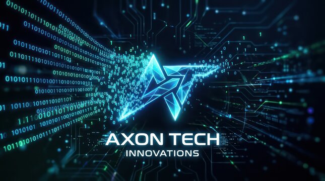 Axon tech innovations logo with sharp digital fragments and streaming binary sequences.