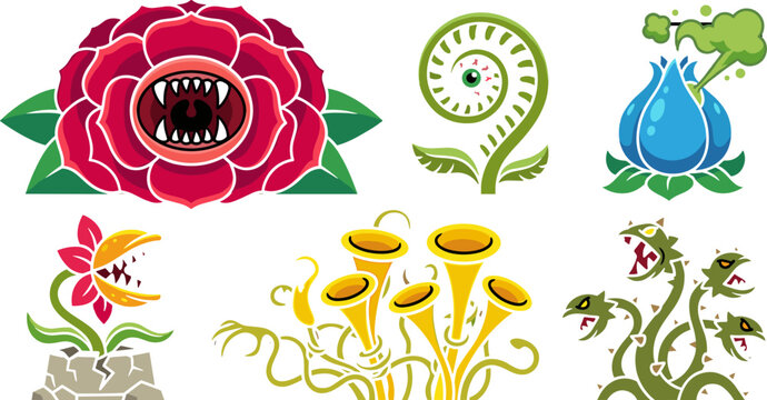 Fantasy monster plants vector illustration set with creepy venus flytrap toxic flowers teeth and vines isolated on a white background