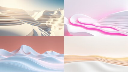 Fototapeta premium Abstract landscape compositions. Soft waves, gentle curves, warm tones dominate visual space. Minimalist aesthetic, serene mood.