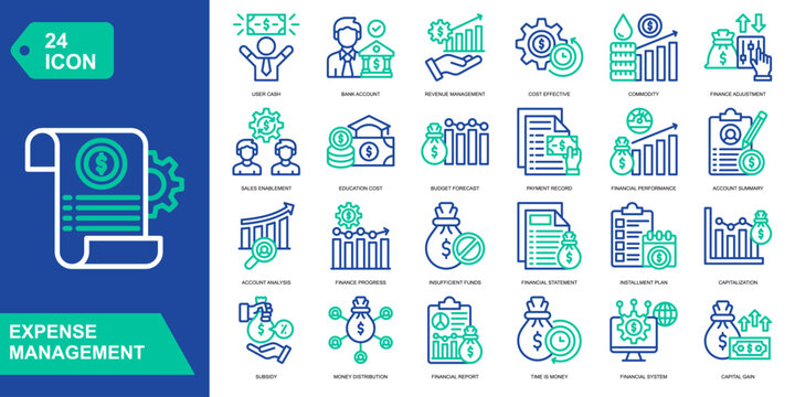 Expense Management icon collection set. User Cash,Bank Account,Revenue Management,Cost Effective. Line Color vector icons
