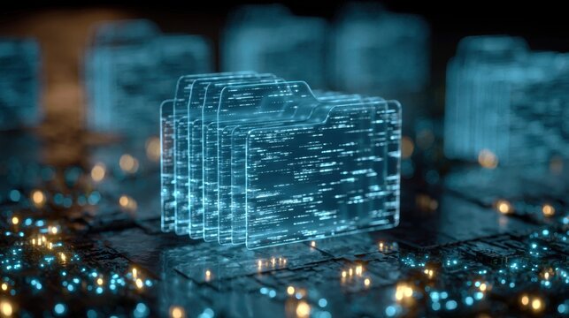 Futuristic glowing digital file folder hologram with data stream and electronic circuit background representing information technology and data management concept