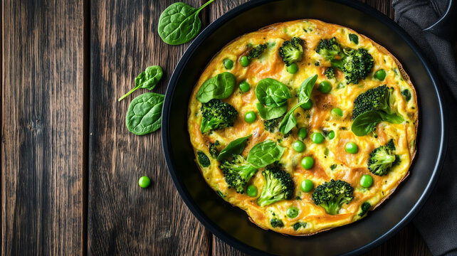 Broccoli and pea frittata in skillet with spinach, healthy breakfast or brunch vegetable omelette