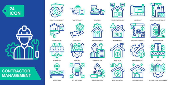 Contractor Management icon collection set. Construction Quality,Raw Materials,Bulldozer,Property Developer. Line Color vector icons