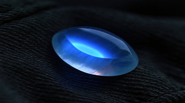 culpability. A moonstone gemstone glowing softly on dark fabric, close-up view. STEM education sheets, lab safety posters, designed for STEM education and laboratory safety posters.
