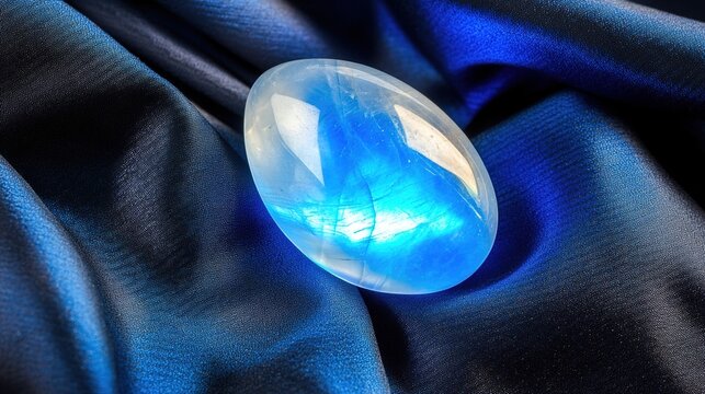 culpability. A moonstone gemstone glowing softly on dark fabric, close-up view. STEM education sheets, lab safety posters, designed for STEM education and laboratory safety posters.
