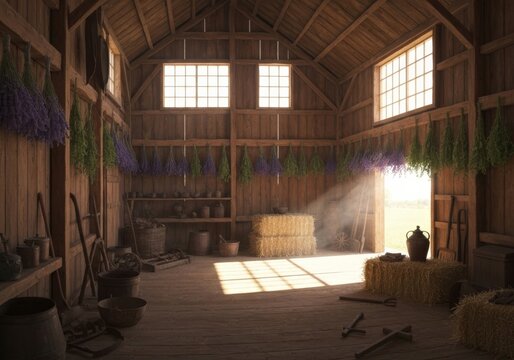 Sunlit rustic barn interior with hanging lavender and drying herbs hay bales and vintage farm tools