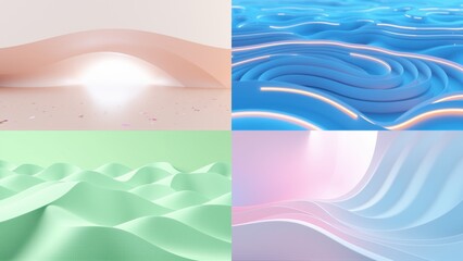 Fototapeta premium Abstract fluid shapes, soft colors, smooth gradients. Minimalist design, modern aesthetic, digital rendering. Light plays across undulating surfaces.