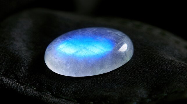 culpability. A moonstone gemstone glowing softly on dark fabric, close-up view. STEM education sheets, lab safety posters, designed for STEM education and laboratory safety posters.