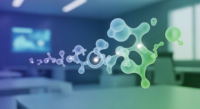 Abstract glowing molecules or cells forming a chain in a modern laboratory or office setting