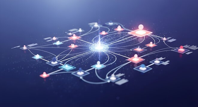 Abstract digital network with glowing interconnected user and data nodes, symbolizing global communication, social media, AI, and big data.