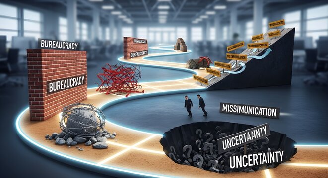 Metaphorical path through business challenges: bureaucracy, miscommunication, uncertainty, and obstacles to success