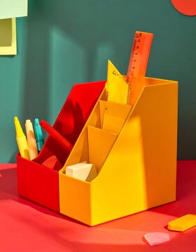 Bright and colorful plastic desk organizer for stationery and office supplies.