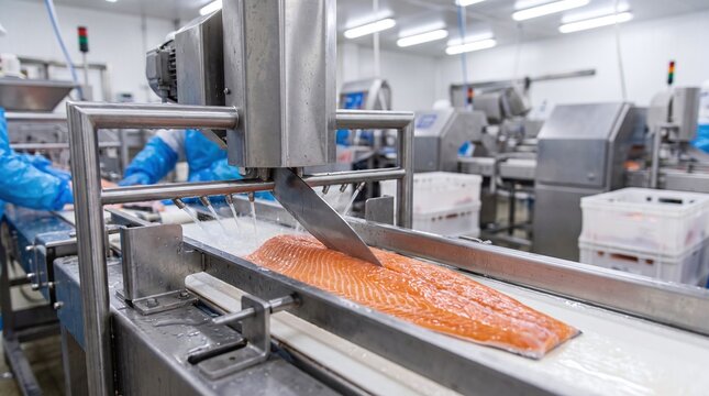 Automated salmon filleting process showing fresh fish being sliced by machine in a modern food production facility