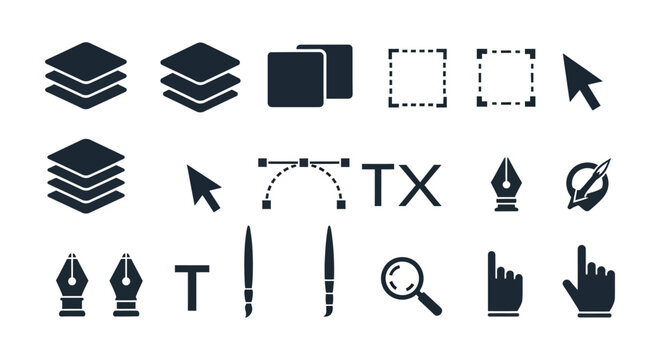 Graphic design tools with displays collection graphic icons white background magnifying glass tools symbols interface software element with pointer