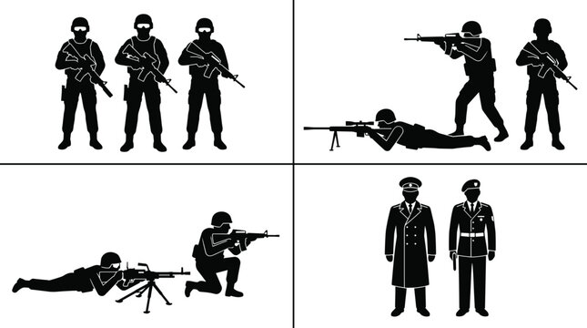 Various black silhouettes of armed soldiers in different combat positions and stances ready for tactical action and duty