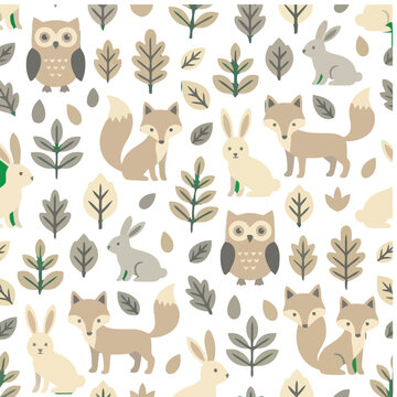 Seamless pattern with forest animals and leaves