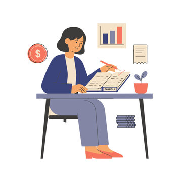 Woman working at desk with payroll ledger