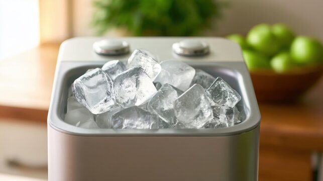 Close-up of transparent ice cubes inside a modern white ice maker machine on kitchen counter with blurred green apples and plant in background