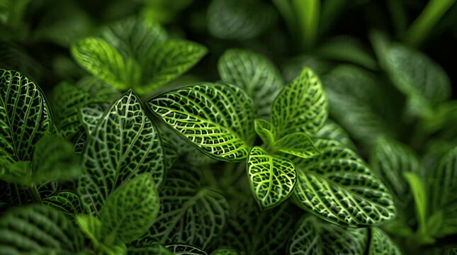 Fittonia foliage with white veins in dark botanical garden cinematic macro panning for wellness brand marketing