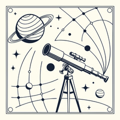 Astronomy illustration with telescope and saturn telescope astronomy universe minimalist © md