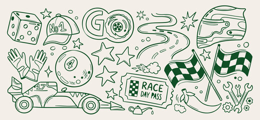 Motorbike racing sport doodle background, motorcycle rider line art pattern, speed race sketch illustration, custom chopper seamless texture, championship winner icon set, active lifestyle elements wa © Geetaroy