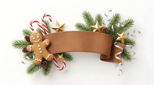 Christmas banner layout with gingerbread man candy canes and golden stars decoration on white background