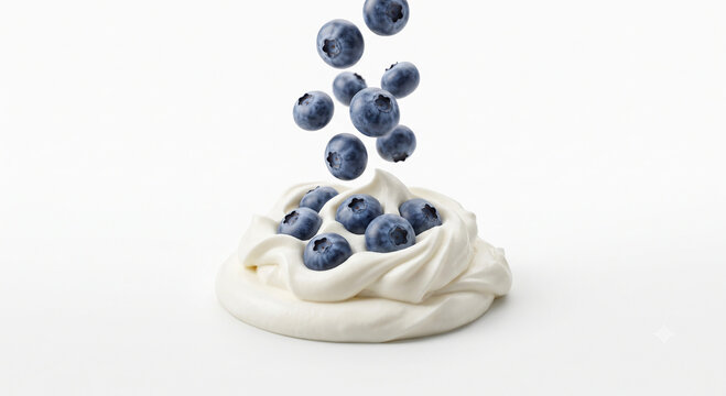 Distant shot of 5 to 10 blueberries falling into thick mascarpone cream with a clean splash