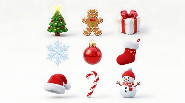 Christmas 3d icon set with christmas tree gingerbread man gift box red bauble snowflake santa hat and snowman isolated on white background