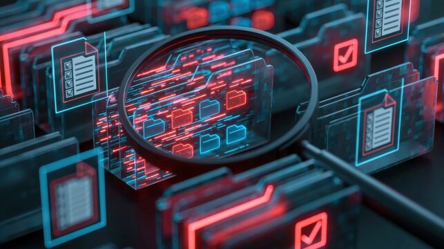 Close-up of digital file folder icons under magnifying glass with glowing red and blue futuristic interface representing data analysis and cybersecurity technology concept