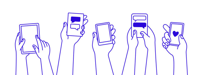 Vector illustration in doodle line style, mascot and character hands holding smartphones with apps, digital  screens, using mobile apps, chats, social media, mail and video call applications
