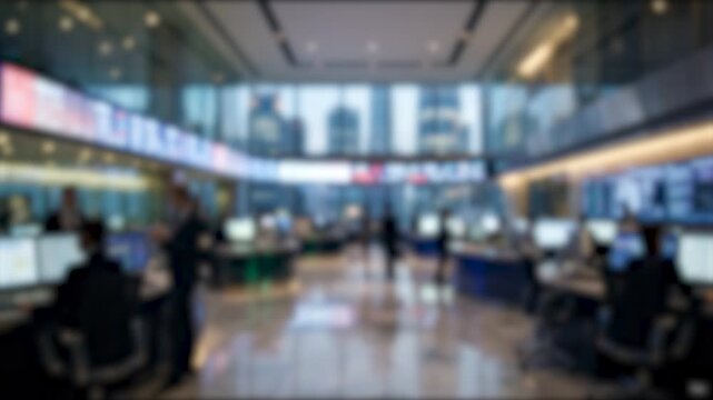 Cinematic wide angle bokeh shot of a modern financial trading floor with glowing data tickers, curved architecture, and blurred city skyline views.