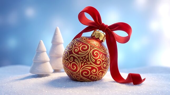Christmas bauble with red ribbon bow and white ceramic trees on winter snow bokeh background